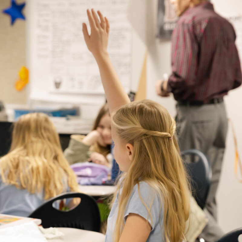 student raises their hand during a lesson at new summit charter academy